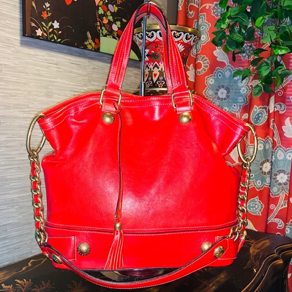 Dolce & Gabbana Handbags - Dolce & Gabbana Red Leather Baroque Buckle Shoulder Tote Satchel Bag